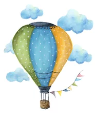 Afwasbaar behang Aquarel luchtballonnen Aquarel luchtballon set. Hand getekende vintage luchtballonnen met vlaggen slingers, wolken, polka dot patroon en retro design. Illustraties geïsoleerd op een witte achtergrond. Voor ontwerp, print en