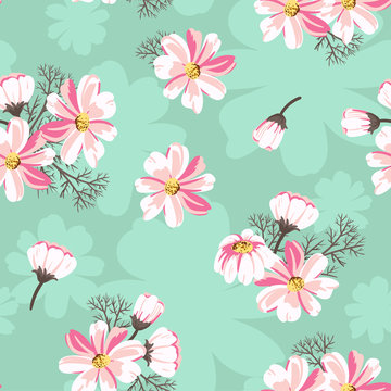 Seamless pattern with daisies on a green background. Bright floral background for your design. Vector illustration.
