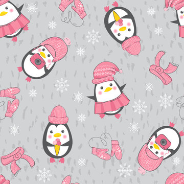 Seamless background with cute penguins.