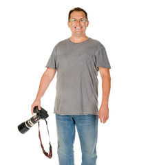 Middle age man portrait with dslr camera and big tele lens isolated on white