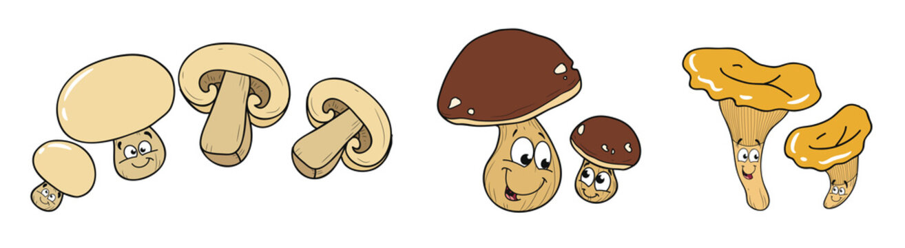 Drei niedliche und freundliche Pilze