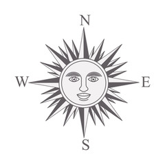 vintage compass rose with the sun in the center. black and white design. vector illustration