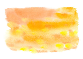 Warm orange and yellow paint stain painted in watercolor on clean white background