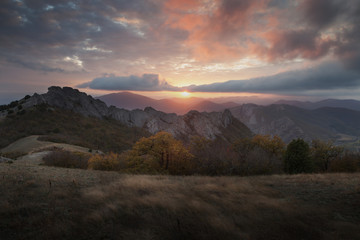 Mountain in the mist at sunset