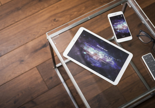 Tablet and Smartphone on Glass Table Mockup