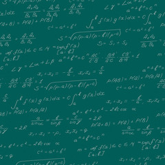 Seamless pattern on the theme of the subject of mathematics, formulas, theorems , light characters on a green background