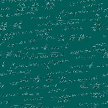 Seamless pattern on the theme of the subject of mathematics, formulas, theorems , light characters on a green background