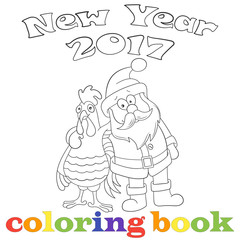 Illustration with outline cartoon cock and Santa Claus, dark outline on a white background, coloring book