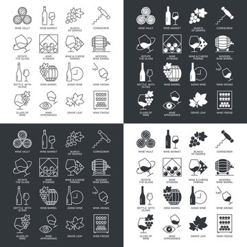 Thin line wine icons set isolated on dark and white. Web graphics simple mono outline icon symbol collection. 
