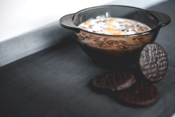 Diet cereal and chocolate bake. Delicious breakfast. Muesli