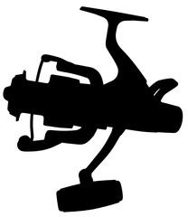 Black fishing reel silhouette isolate on white background.