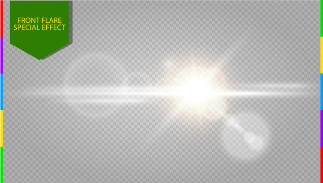 Abstract golden front sun lens flare transparent special light effect design. Vector blur in motion glow glare. Isolated on transparent background. Decor element. Star burst with rays and spotlight