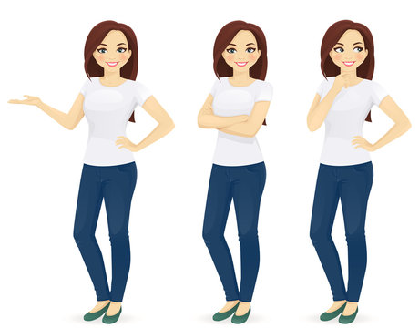 Woman in jeans standing in different poses isolated