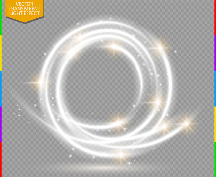Abstract vector magic glow star trail light effect with neon blur curved line round flying. Sparkling dust with bokeh. Special white and golden christmas effect on transparent background.