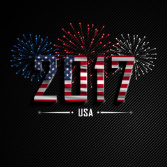 Happy New Year and Merry Christmas. Wavy flag of USA. Colorful fireworks on the black background. Beautifully decorated congratulations country.Merry Christmas greeting. Holiday card, banner.