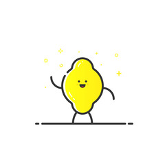 Vector illustration of funny lemon character cartoon isolated in line style. Linear yellow cute fruit icon with face smile. Flat design for banner, web page and mobile app. Outline vegan expression.