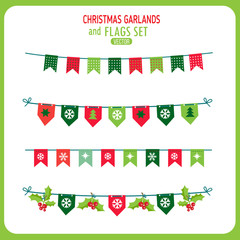 Christmas Garland And Flags Decoration Elements Set. Winter Holidays Vector Clip Art On White Background. New Year Garland Decorations. Snowflakes, Christmas Balls Vector.
