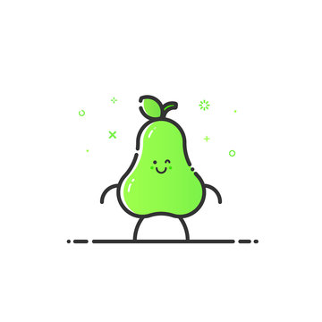 Vector illustration of funny pear character cartoon isolated in line style. Linear green cute fruit icon with face smile. Flat design for banner, web page and mobile app. Outline vegan expression.