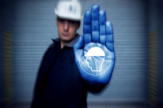 STOP! Kopfschutz benutzen Piktogramm Arbeitssicherheit