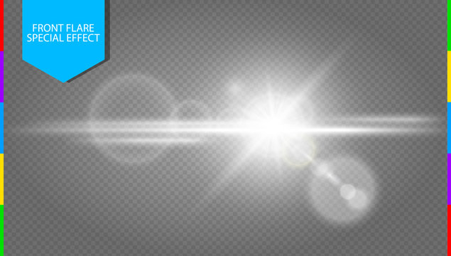 Vector white front lens flare transparent special light effect. Abstract in motion flare blur glow glare. Isolated transparent background. Decoration design element. Star flash with rays and spotlight