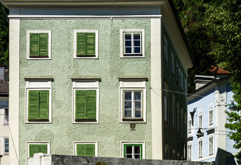 Street, buildings and windows, old center of Salzburg