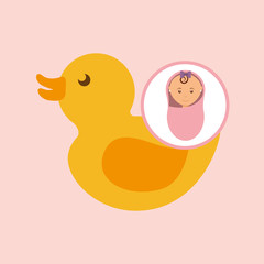 cute newborn girl on pink blanket and rubber duck vector illustration eps 10