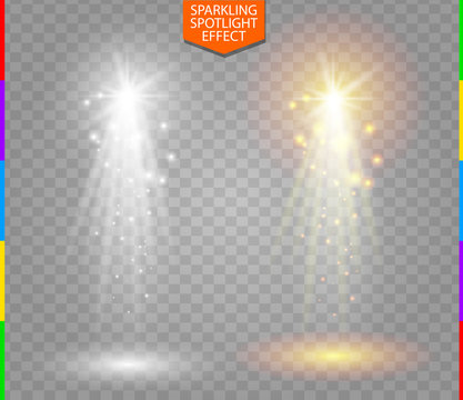 Abstract white and golden spotlight with spark on transparent background. Starlight special light effect. Glow ray, star dust, golden spark in projector beam