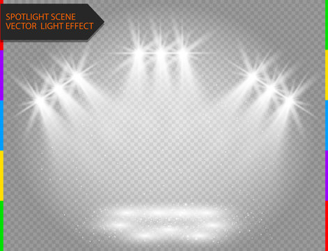 White vector spotlight light effect on transparent background. Concert scene with sparks illuminated by glow ray. Abstract star flash.