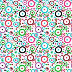 Seamless texture with colored circles and rings on a white background