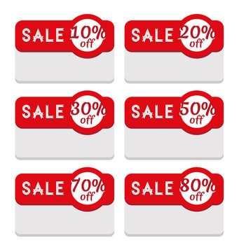 Sale tag template, various discount percentage. Discount and sale label template. 10, 20,30, 50,70 and 80 percent off set. Perfect to promote retail offers on products and services. Modern flat design