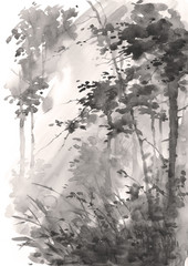 Watercolor abstract landscape, forest in sunshine, monochrome version.
