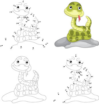 Cartoon snake. Coloring book and dot to dot game for kids