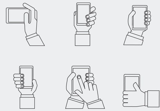 9 Grayscale Hands Holding Tablets and Smartphones Icons