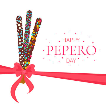 Happy Pepero Day. Pepero card design template with South Korean chocolate sticks and bow. Assorted biscuits covered with chocolate and festive sprinkles on white background. Food vector illustration.