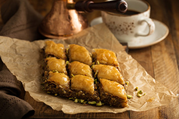 Homemade baklava with nuts and honey