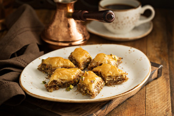 Homemade baklava with nuts and honey