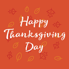 Happy Thanksgiving day. Vector greeting card with autumn leaves.Hand drawn style.