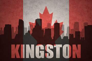 abstract silhouette of the city with text Kingston at the vintage canadian flag