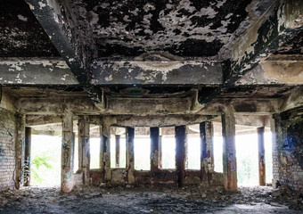 Abandoned burned out building. View from inside, interior