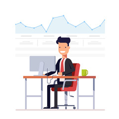 Businessman or manager analyzes the schedule. Successful entrepreneur is engaged arbitrage traffic. Man on a workplace computer. Vector, illustration EPS10.