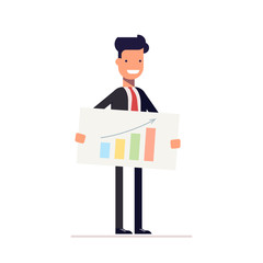 Businessman or manager with the schedule in the hands of a presentation. Man demonstrates the best strategy. Vector, illustration EPS10.