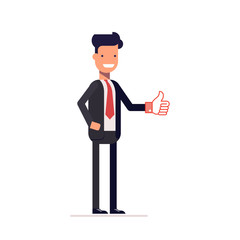 Businessman or manager showing thumbs up. Man in a business suit approves the proposal. Happy character. Vector, illustration EPS10.