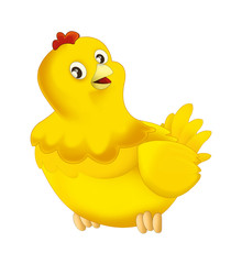 Cartoon happy farm animal - cheerful little chicken is standing smiling and looking - artistic style - isolated - illustration for children