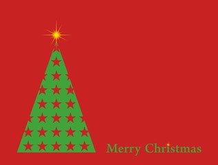 Red Christmas card with a green Christmas tree with stars and red with a yellow star with a glowing green writing Merry Christmas on a red background