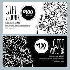 Vector gift voucher template with gift box patches and stickers. Christmas or New Year holidays cards. Design concept for gift coupon, certificate, flyer, banner, black friday sale.