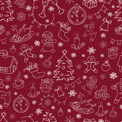 Fototapeta na wymiar Seamless doodle backgrounds, Christmas, New Year, winter holidays pattern. Decorative elements in vintage style.