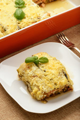 Casserole with chicken, eggplant, zucchini and tomatoes. 