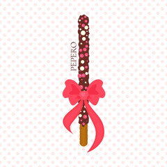 Pepero card design template with South Korean chocolate stick and a bow. Biscuit covered with chocolate and festive sprinkles on dotted background. Food vector illustration.

