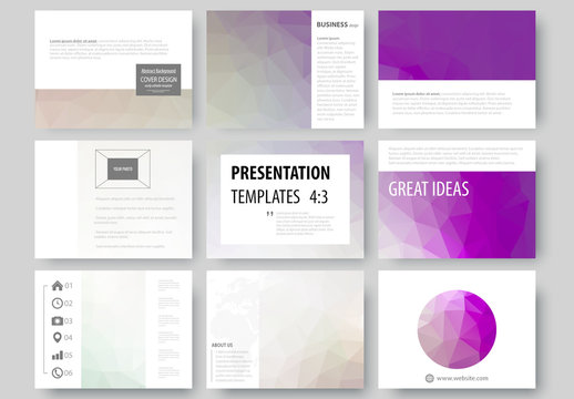 9 Presentation Slides with Purple Tone Geometric Design Element