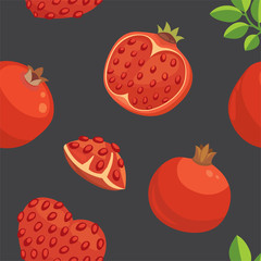 Fresh pomegranates hand drawn background. Doodle wallpaper vector. Colorful seamless pattern